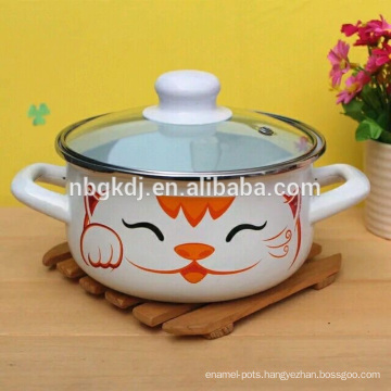 3Pcs cute cat enamel boiling pot sets with glass lid